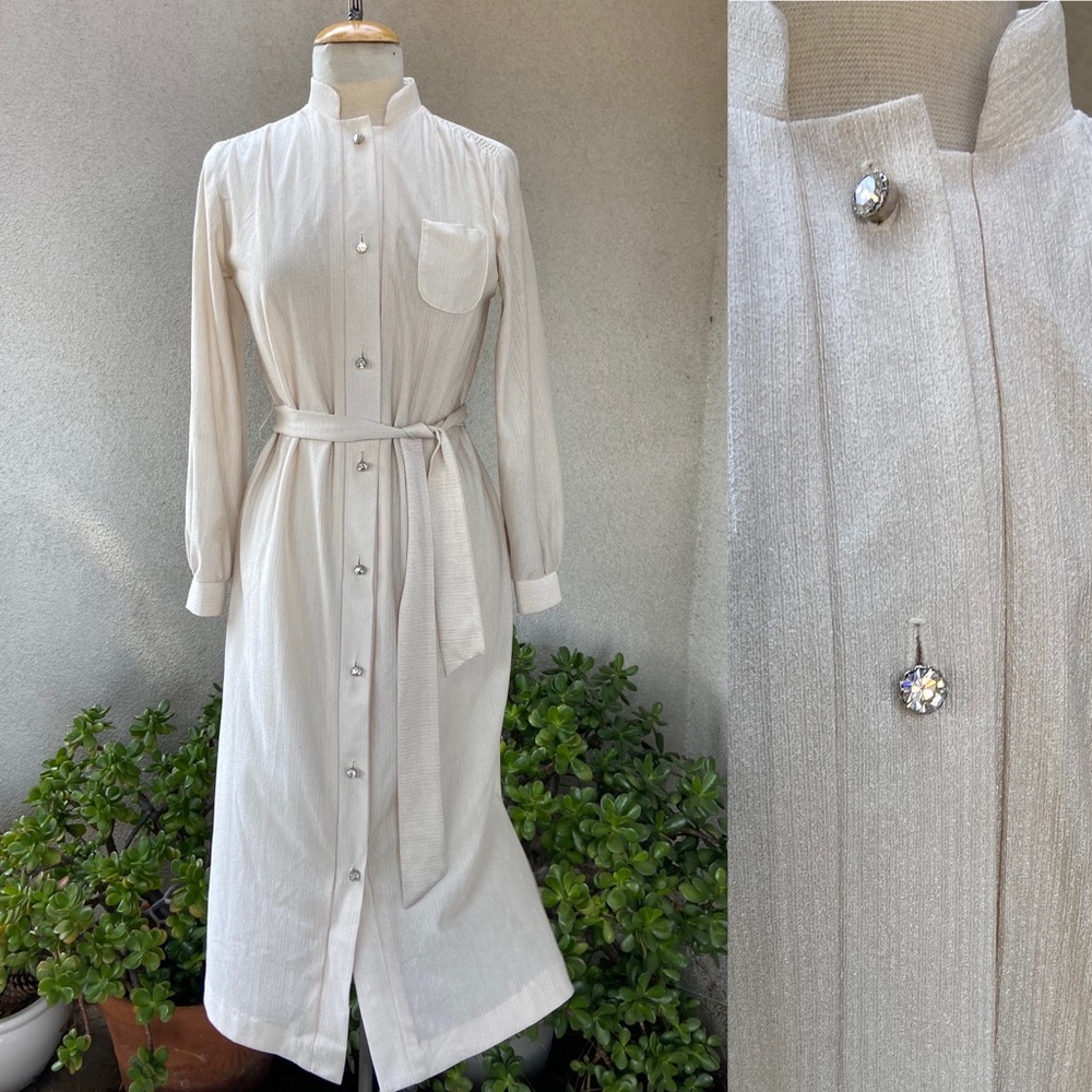 Vtg 70s sheer ivory shirt dress silver rhinestones Mary Martin S/M